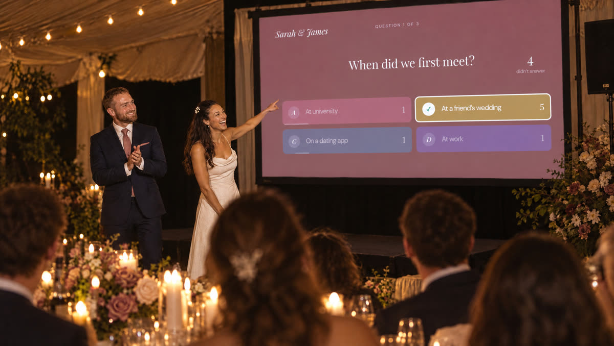 The bride points at the correct answer on the big screen