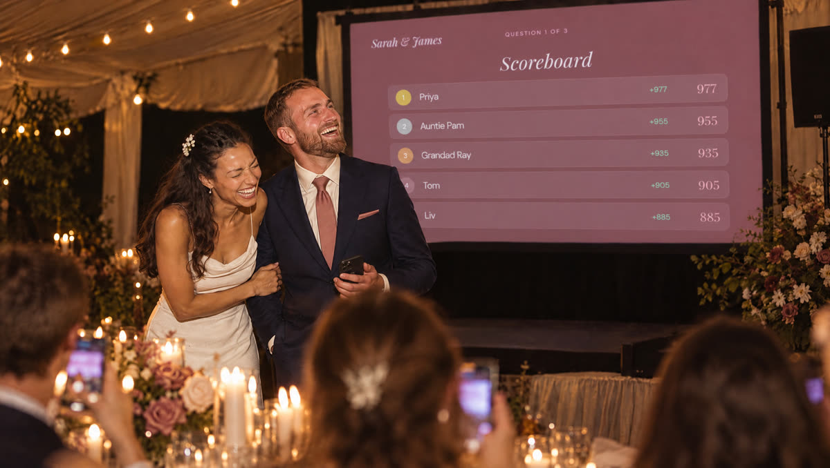 The couple laughing in front of the scoreboard